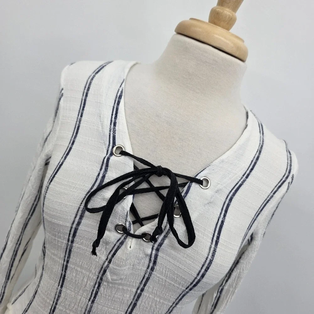Free People Intimately Womens S Bodysuit Lace Up Striped Long Sleeve Boho Casual